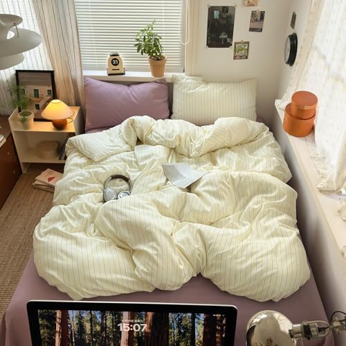 mixinni Pastel Yellow Lavender Striped Duvet Cover Set Twin, Soft Premium Washed Microfiber Aesthetic Stripes Comforter Cover with Hidden Zipper & Corner Ties, 3 Piece Sweet Teen Bedding for Girls