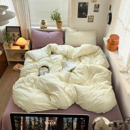 mixinni Pastel Yellow Lavender Striped Duvet Cover Set Twin, Soft Premium Washed Microfiber Aesthetic Stripes Comforter Cover with Hidden Zipper & Corner Ties, 3 Piece Sweet Teen Bedding for Girls