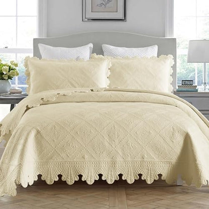 MarCielo 3-Piece 100% Cotton Oversized Bedspread Lightweight Quilt Coverlet Embroidery Farmhouse Bedding Set (Tk Beige Khaki, Oversized Queen (100"x106"))