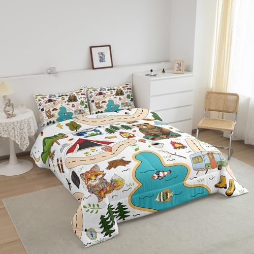 Feelyou Camping Adventure Bedding Set,Kids Boys Girls Toddler Size Cartoon Animal Tent Mountain Tree Comforter Set,Ultra Soft Camping Bonfire Outdoor Activities Comforter,Art Duvet Quilt,Quilt