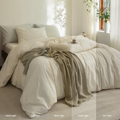 FOSSA Striped Duvet Cover Set Washed Cotton Linen Feel Oversized King Plus
