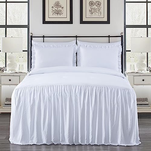 Chezmoi Collection Sinclair 2-Piece Ruffle Skirt Bedspread Set - French Country Chic Farmhouse - Twin, White