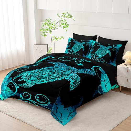 AILONEN Aqua Blue Black Turtle Comforter Set Full,7-Piece Soft Bed in a Bag for Kids Teen,Ocean Shell Sea Turtle Comforter & Fitted Sheet with Flat Sheet & 2 Pillowcases,2 Pillow Shams for Bedroom