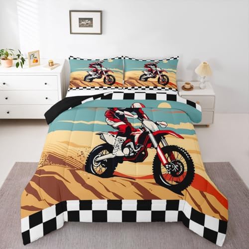 Feelyou Desert Dirt Bike Comforter Set Motocross Rider Bedding Set with 1 Pillow Cases Checkered Flag Twin Off-Road Racing Design Room Decor Outdoor Sports Duvet Quilt Breathable Soft Lightweight