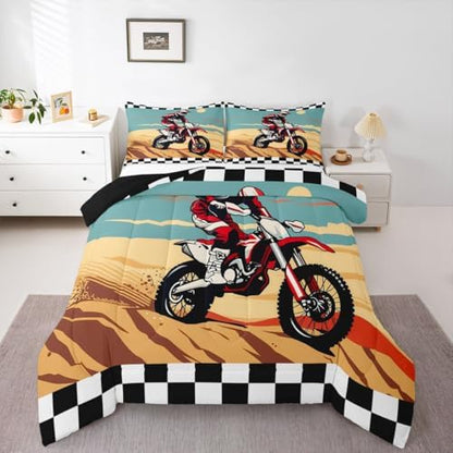 Feelyou Desert Dirt Bike Comforter Set Motocross Rider Bedding Set with 2 Pillow Cases Checkered Flag Queen Off-Road Racing Design Room Decor Outdoor Sports Duvet Quilt Breathable Soft Lightweight