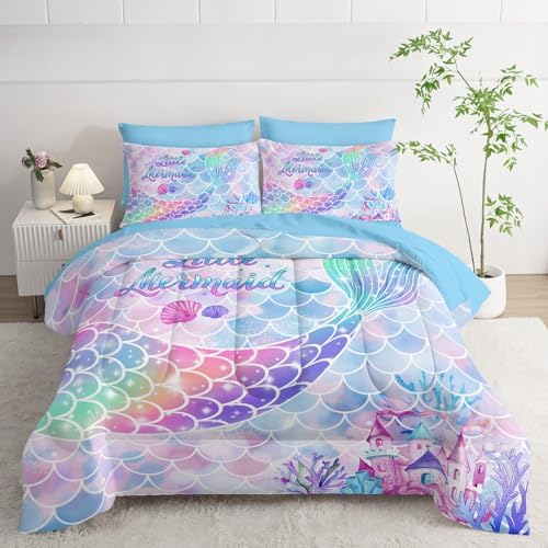 7Pcs Comforter Set Rainbow Mermaid Tail Printed Bedding Set with 1 Comforter, 1 Flat Sheet, 1 Fitted Sheet and 4 Pillowcases for Girls Bedroom All Season(Mermaid-3 Queen)