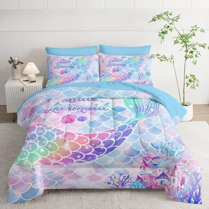 7Pcs Comforter Set Rainbow Mermaid Tail Printed Bedding Set with 1 Comforter, 1 Flat Sheet, 1 Fitted Sheet and 4 Pillowcases for Girls Bedroom All Season(Mermaid-3 Queen)