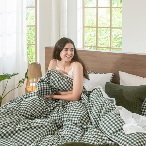 MooMee Gingham Duvet Cover Set 100% Washed Cotton Linen Like