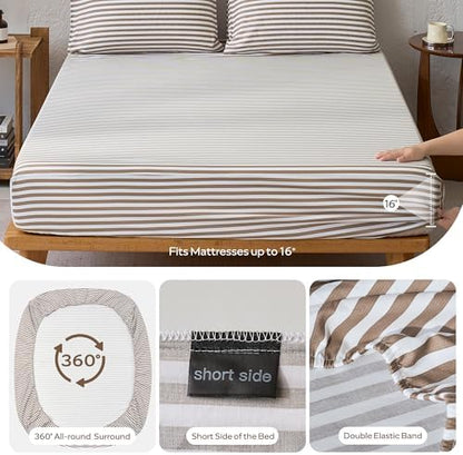 JELLYMONI 100% Cotton Sheet Set, Tan Striped, Queen