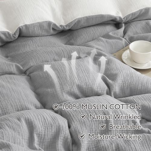 EMME Muslin Cotton Duvet Cover Set Linen Like Light Grey&White Twin
