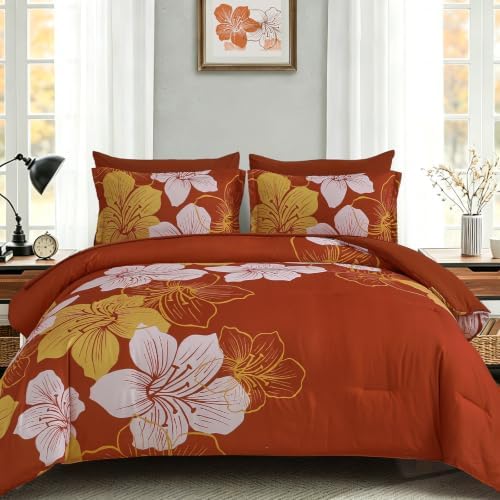 Burnt Orange Comforter Set Queen Size, 7 Pieces Fall Floral Bedding Set