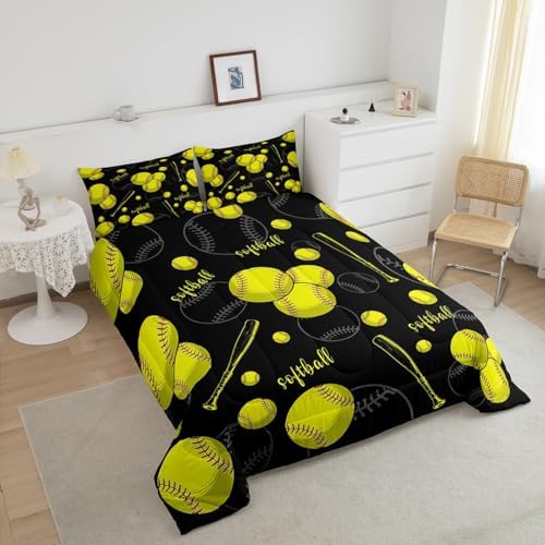 Castle Fairy White Softball Comforter Set,Yellow Softball Bat Bedding Set for Kids Girls Boys,Teens Adults Sports Softball Comforter,Ball Games Quilted Duvet Set Bedroom Collection Twin Size 2Pcs