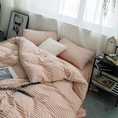 mixinni Pink Gingham Comforter Set Queen, Plaid Comforter Set 3 Pieces 1 Pink Grid Comfoter with 2 Pillow Cases for All Seasons, Soft Fluffy Modern Grid Pattern Printed Bedding-Queen Size