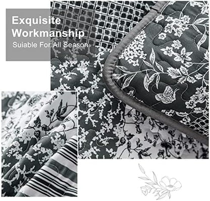 Mybedsoul Boho Quilt King Size, Patchwork Bedding Set, Black Grey