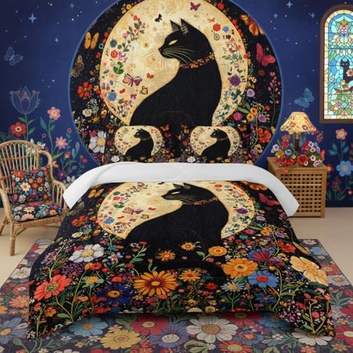 Black Cat Bedding Cartoon Cat Comforter Set Queen，Floral Bedding Queen Size Bed ，with 1 Comforter with 2 Pillow Case