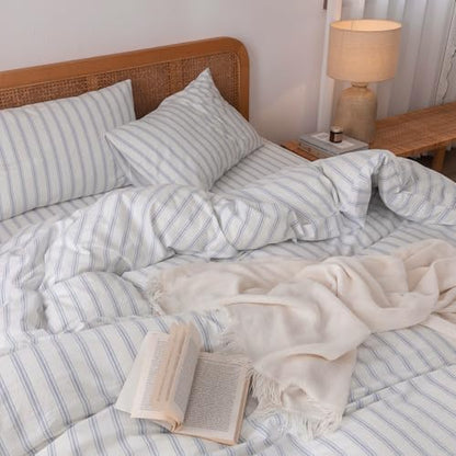 BESTOUCH Striped Cotton Duvet Cover Set Linen Feel Queen