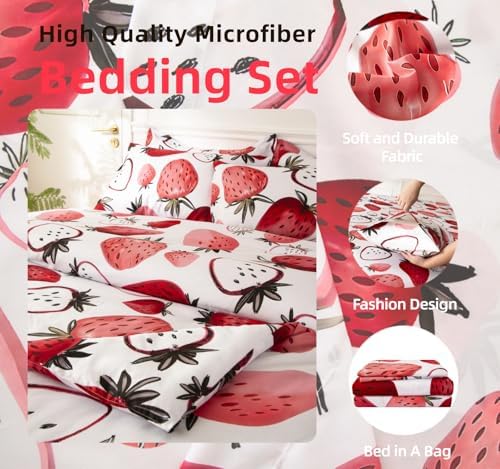 SDY 7PCS Strawberry Comforter and Sheet Set Queen Size, Cute Kawaii Pink Bedding Set for Girls, Kids Includes 1*Comforter,1* Flat Sheet, 1*Fitted Sheet,2*Pillowcases and 2*PillowcaseShams