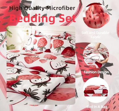 SDY 7PCS Strawberry Comforter and Sheet Set Queen Size, Cute Kawaii Pink Bedding Set for Girls, Kids Includes 1*Comforter,1* Flat Sheet, 1*Fitted Sheet,2*Pillowcases and 2*PillowcaseShams