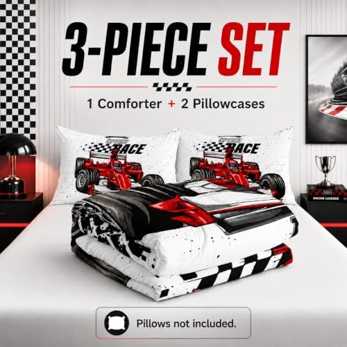 AILONEN Red Racing Car Comforter Set Full Size, Extreme Sports Theme Bedding Set Black White Grid for Kids Boys,Race Car Competition Bed in a Bag Soft Breathable,1 Quilt 2 Pillowcases,3 Pcs