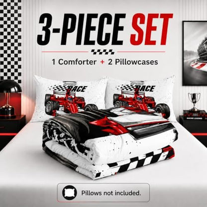 AILONEN Red Racing Car Comforter Set Full Size, Extreme Sports Theme Bedding Set Black White Grid for Kids Boys,Race Car Competition Bed in a Bag Soft Breathable,1 Quilt 2 Pillowcases,3 Pcs