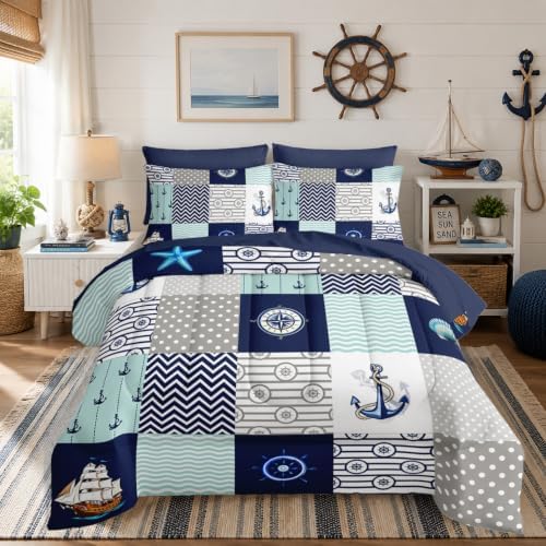 HOSIMA 7Pcs Nautical Twin Comforter Set with Sheets Ocean Themed Bedding.