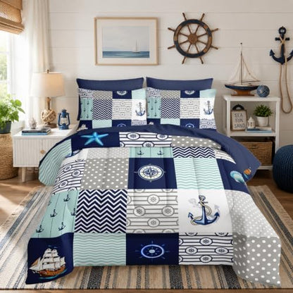 HOSIMA 7Pcs Nautical Twin Comforter Set with Sheets Ocean Themed Bedding.