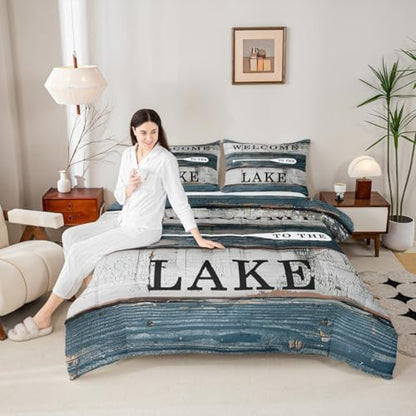 Manfei Lake House Comforter Set Full Size, Rustic Farmhouse Bedding Set 3pcs, Navy Blue Grey Wooden Plank Down Comforter for All Season, Kids Boys Teens Room Decor, 2 Pillowcases, No Sheets