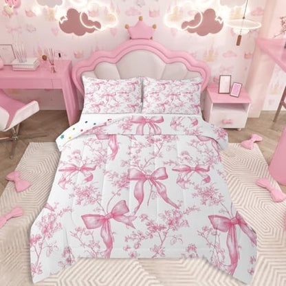 jejeloiu Bowknot Kids Comforter Set King Size Rose Bedding Set Pink Bow Duvet Quilt for Kids Boys Girls Bedroom Rose Floral Flower Decor Microfiber Ultra Soft Breathable