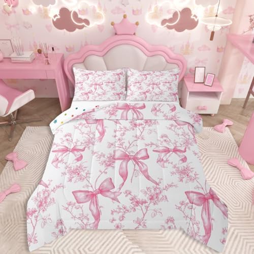 jejeloiu Bowknot Comforter Set Twin Size Bedding Set for Kids Boys Girls