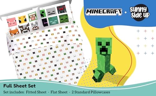 Sunny Side Up Minecraft Creeper & Animals Full Sheet Set - 4 Piece Kids Bedding Set Includes Pillow Cover - Super Soft Microfiber Sheets
