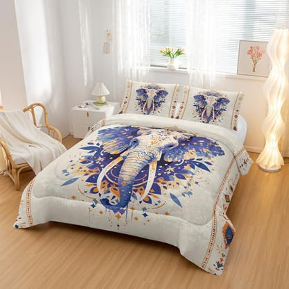 Nttopship Ethnic Elephant Comforter Bedding Set with 2 Pillowcase King Size Wild Animals Comforter Set for Kids Boys Girls Bedroom Decor