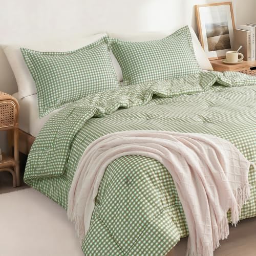 Queen Comforter Set, Fluffy Green Gingham Plaid Bedding, 3 Pieces