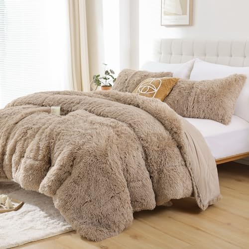 Smoofy Fluffy Full Size Comforter Set, Khaki Faux Fur Comforter Set 3 Pcs