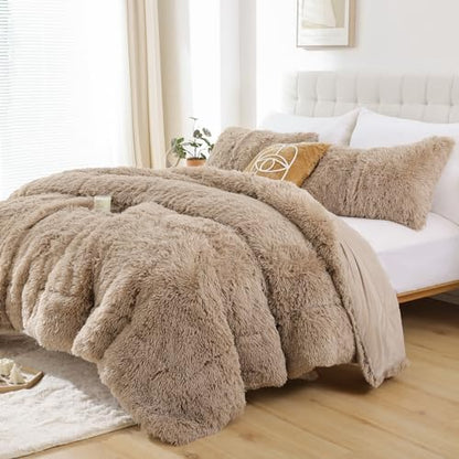 Smoofy Fluffy Full Size Comforter Set, Khaki Faux Fur Comforter Set 3 Pcs