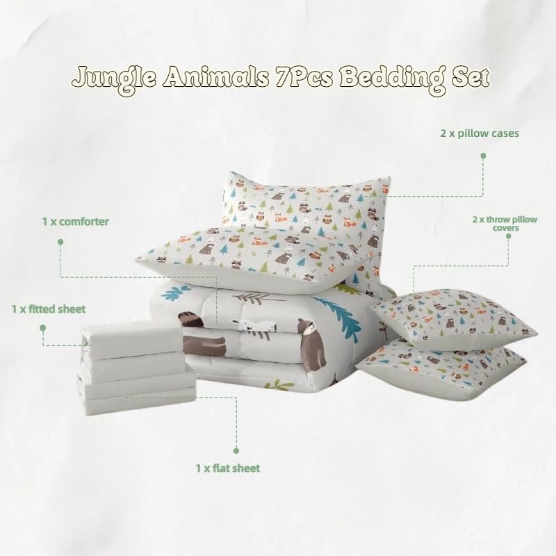 Erosebridal Woodland Animals 7 Piece Comforter Set Full for Nursery Child Bedroom | Cute Fox Bear Raccoon Bedding Set Wildlife Sheet Set Kids Cartoon Wild Animals Duvet Insert Botanical Trees Quilt