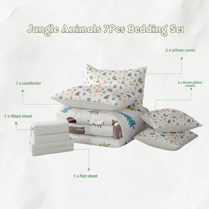 Erosebridal Woodland Animals 7 Piece Comforter Set Full for Nursery Child Bedroom | Cute Fox Bear Raccoon Bedding Set Wildlife Sheet Set Kids Cartoon Wild Animals Duvet Insert Botanical Trees Quilt