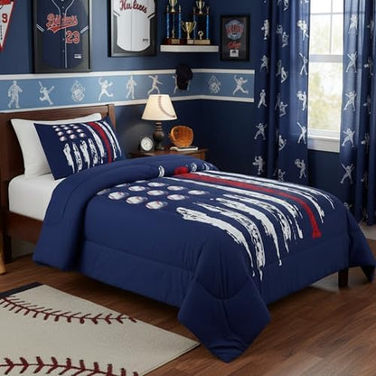 Castle Fairy Kids Baseball Gaming Coverlet Set Toddle Size Navy Blue Comforter Set for Boys Girls Teens Bedroom Decor Softball Comforter Women Men Ball Games Quilt Set with 1 Pillow Case