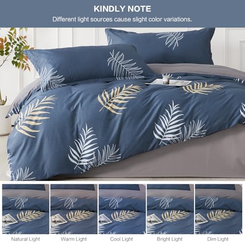 SAPHREAS Navy Blue Duvet Cover Set King Size 3pcs Monstera Leaf Tropical Leaves Cotton Bedding Comforter Cover Set 100% Cotton 1 Duvet Cover 2 Pillow Shams with Zipper