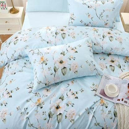MUXHOMO Ceiba Blue Bed in a Bag Queen 7 Pieces, Queen Comforter Set Reversible Botanical Flowers Design, Ultra Soft & Breathable Bedding Sets with Comforter, Sheets, Pillowcases & Shams