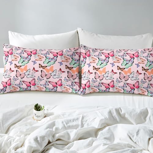 Girls Pink Bedding Set Cute Cartoon Butterfly Printed Comforter Cover Queen For Boys Kids Teens Soft Reversible Duvet Cover Colorful Butterfly s Pattern Bedspread Christmas Theme Quilt Cover