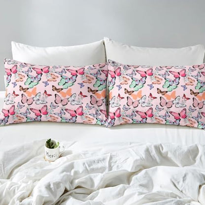 Girls Pink Bedding Set Cute Cartoon Butterfly Printed Comforter Cover Queen For Boys Kids Teens Soft Reversible Duvet Cover Colorful Butterfly s Pattern Bedspread Christmas Theme Quilt Cover