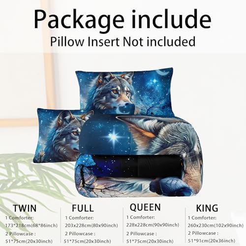 Wolf Comforter Set Full for Boys Girls,Wolf Night Moon Galaxy Bed Set,Woodland Wild Animals Theme Comforter Set with 2 Pillowcase,Rustic Blue Black Bedding Set for Bedroom Decor