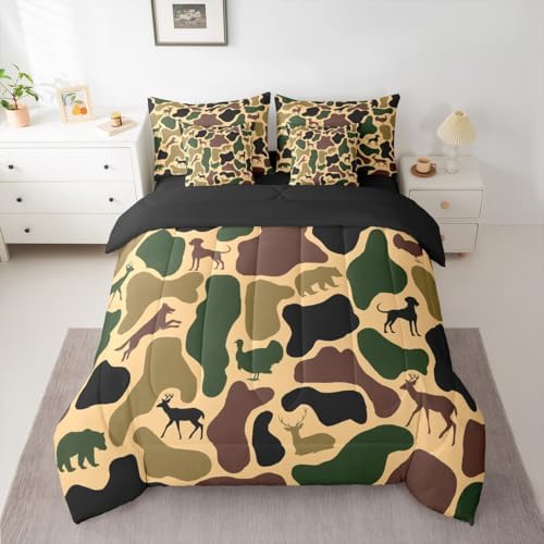 Erosebridal Hunt Bear 7 Piece Bedding Set Twin Camo Comforter Set with Sheets Wolf Turkey Deer Hound Print Bed in a Bag Yellow Brown Camouflage for Kids Boys Girls
