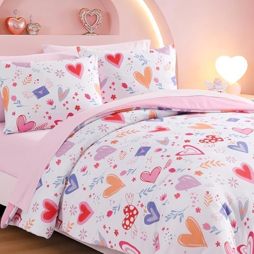 Girls Twin Bedding Set - 5 Pieces Heart Pattern Twin Comforter Set for Kids