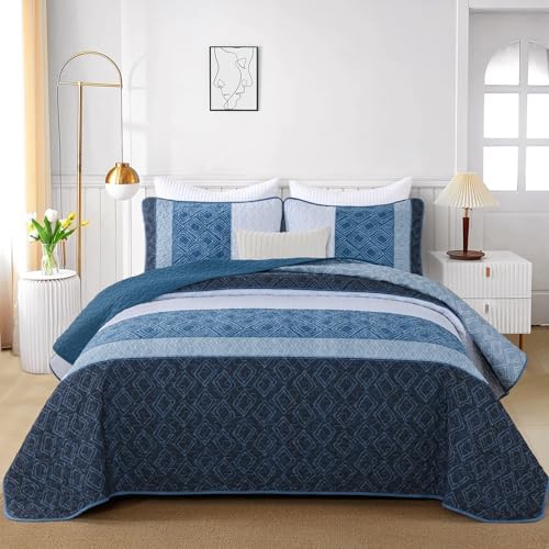 Cottolester Navy Blue California King Quilt Set,Striped Plaid Bedspread