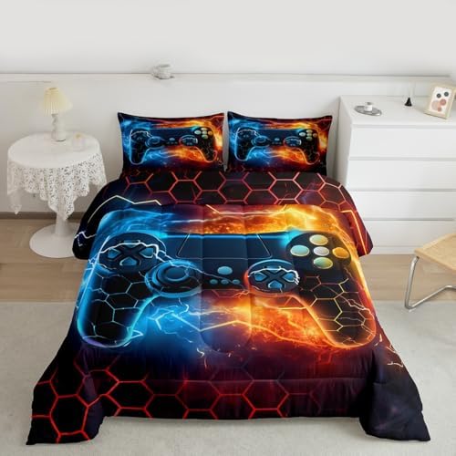 Feelyou Gamer Comforter Toddler Size, Gaming Comforter Set for Kids Boys Girls Blue Gamer Bedding Set Game Room Decor Duvet Set with 1 Pillow Case