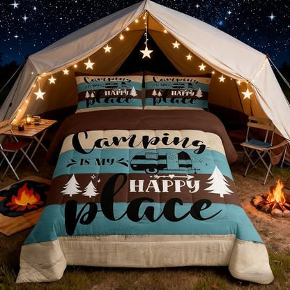 Manfei Camper Adventure Kids Comforter Set Twin Size,Happy Camping Rustic Farmhouse Cabin Bedding Set,Girls Boys Room Decor,RV Pine Tree Nature Quilt Comforter,Brown Country Duvet Insert,1 Pillowcase