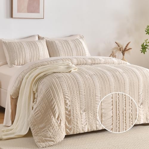 DHSFKBE Beige Tufted Comforter Set King Size 7 Piece Bed in a Bag，Shabby Chic Boho Bedding for Bedroom Comforter，All Season Soft Microfiber Ruffle Comforter Set with Pillow and Sheets