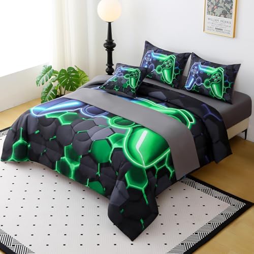 JQinHome Twin Gaming Bedding Set 6-Piece Comforter for Kids Teens - 3D Video Game Console Print Bed in a Bag with Ultra-Soft Fluffy Sheets, Blue-Green Unisex Design (Twin)