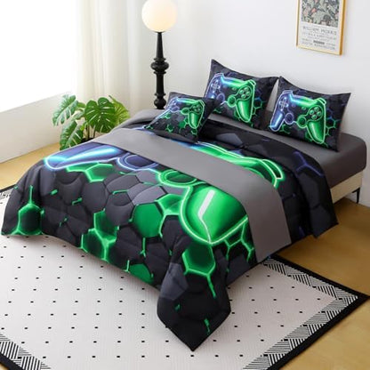 JQinHome Twin Gaming Bedding Set 6-Piece Comforter for Kids Teens - 3D Video Game Console Print Bed in a Bag with Ultra-Soft Fluffy Sheets, Blue-Green Unisex Design (Twin)